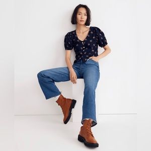Madewell Corduroy Bubble-Sleeve Crop Shirt in Britannica Blockprint